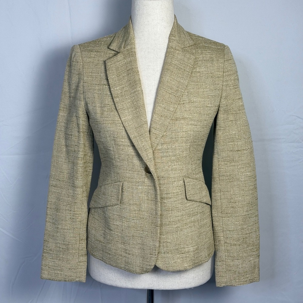 Jones New York Petite Blazer Tan Textured‎ One Button Jacket 2P Martingale Back